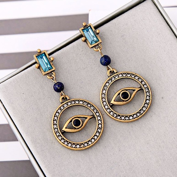 2/$20 Gold/Crystal Egyptian Evil Eye Drop Earrings - Picture 2 of 8